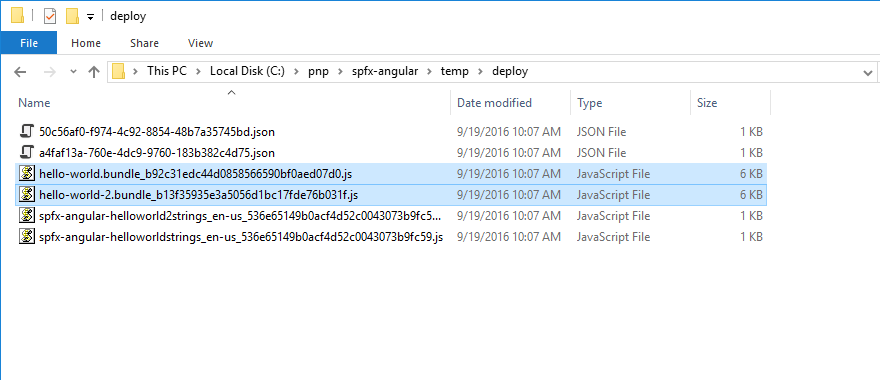 Screenshot of File Explorer showing the deploy folder with two Hello Word JavaScript files being highlighted.