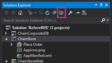 The Solution Explorer toolbar with a box drawn around the "Show All Files" button.