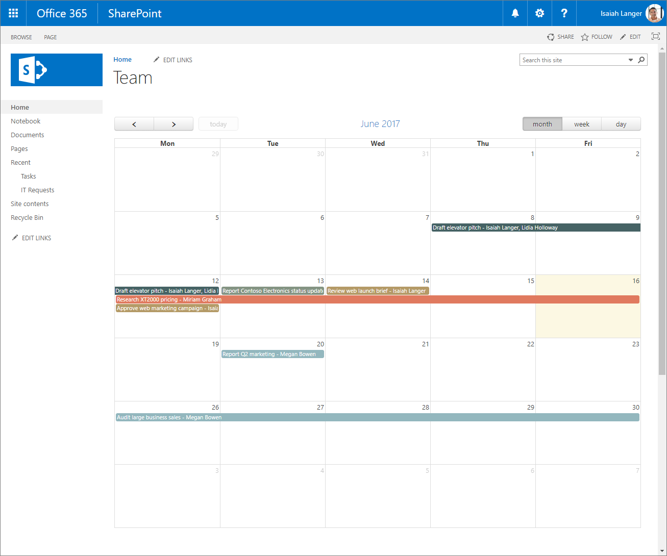 Calendar view of tasks displayed on a SharePoint page