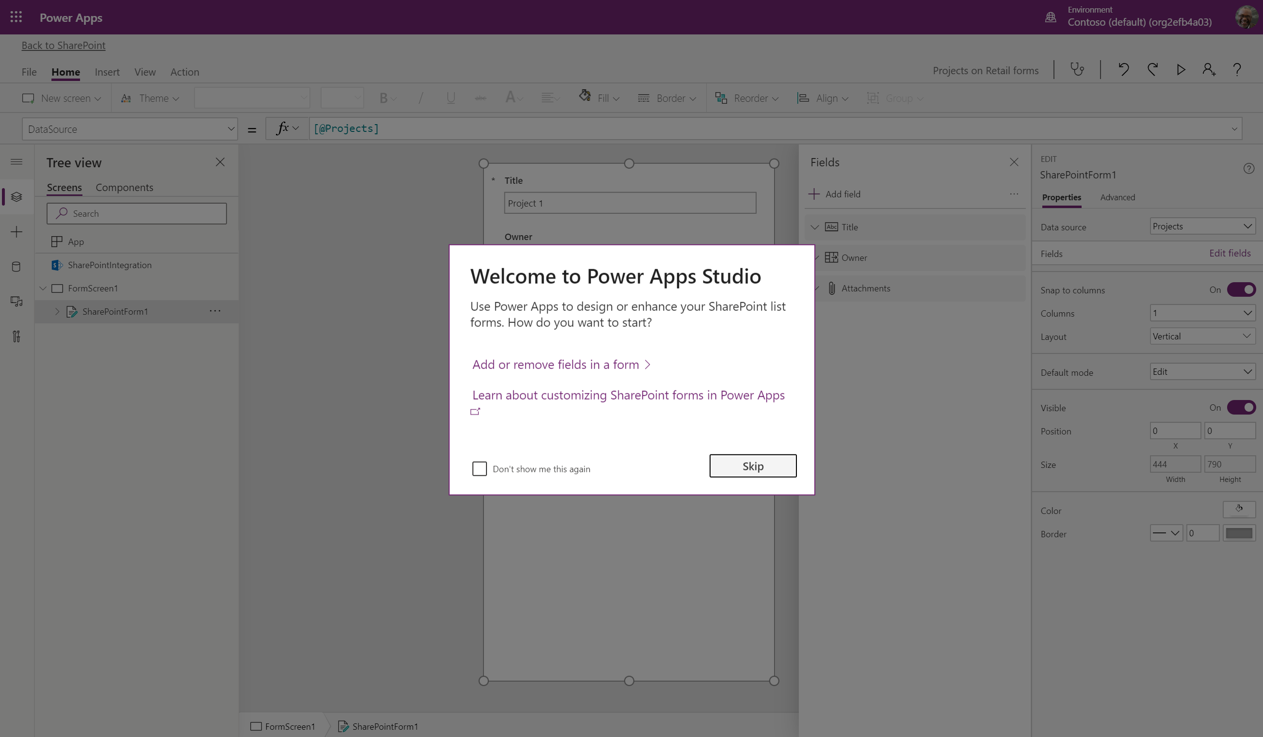 Power Apps studio with custom form