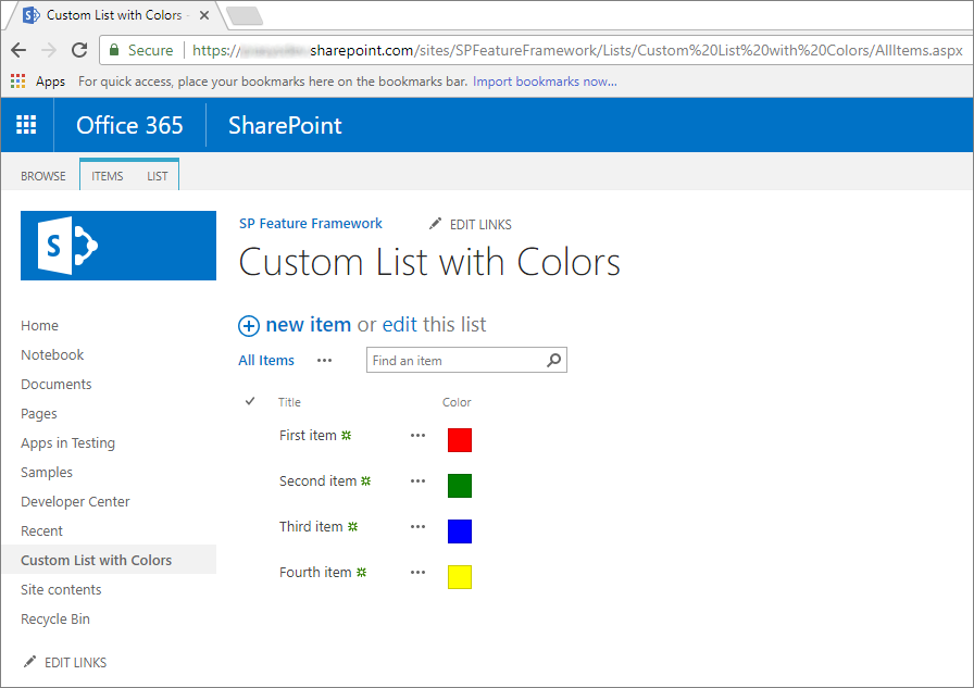The custom rendering for the "Color" field of the custom list