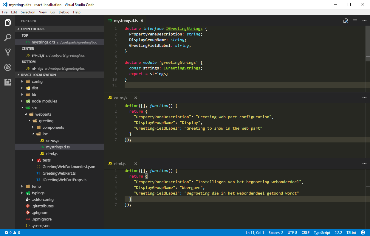 TypeScript type definition file for localization and locale files for US English and Dutch (Netherlands) open in Visual Studio Code side by side