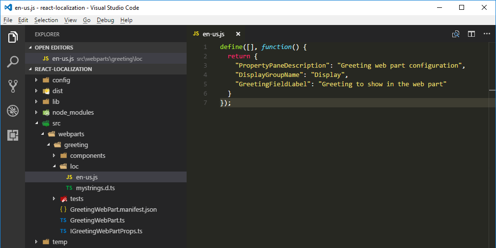 Standard localization file scaffolded with a new SharePoint Framework project