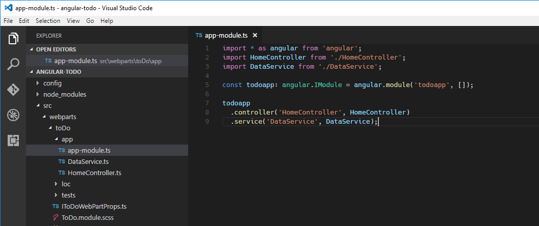 The app-module.ts file opened in Visual Studio Code