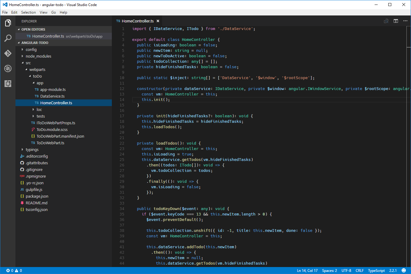 The HomeController.ts file opened in Visual Studio Code