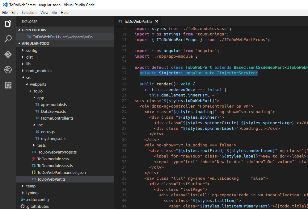 $injector class variable highlighted in Visual Studio Code
