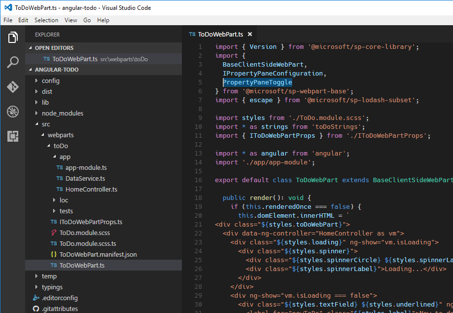 PropertyPaneToggle import statement highlighted in Visual Studio Code