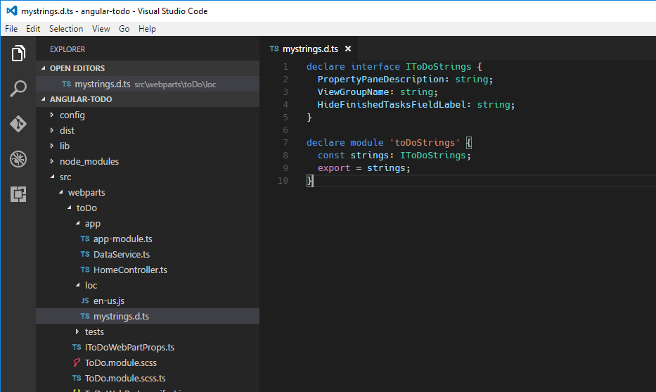 The loc/mystrings.d.ts file open in Visual Studio Code
