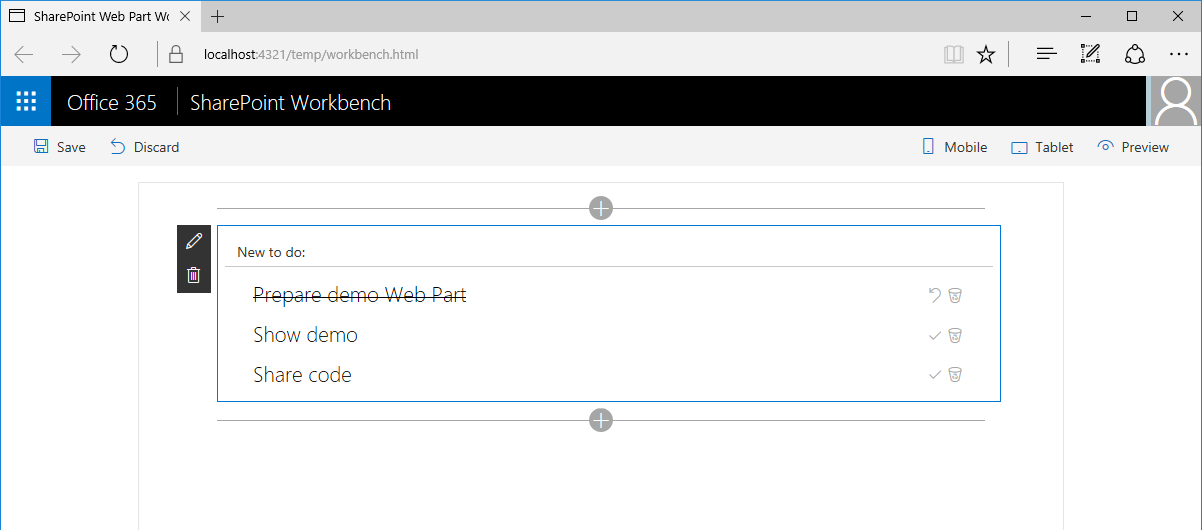 To Do web part showing To Do items rendered by using Office UI Fabric