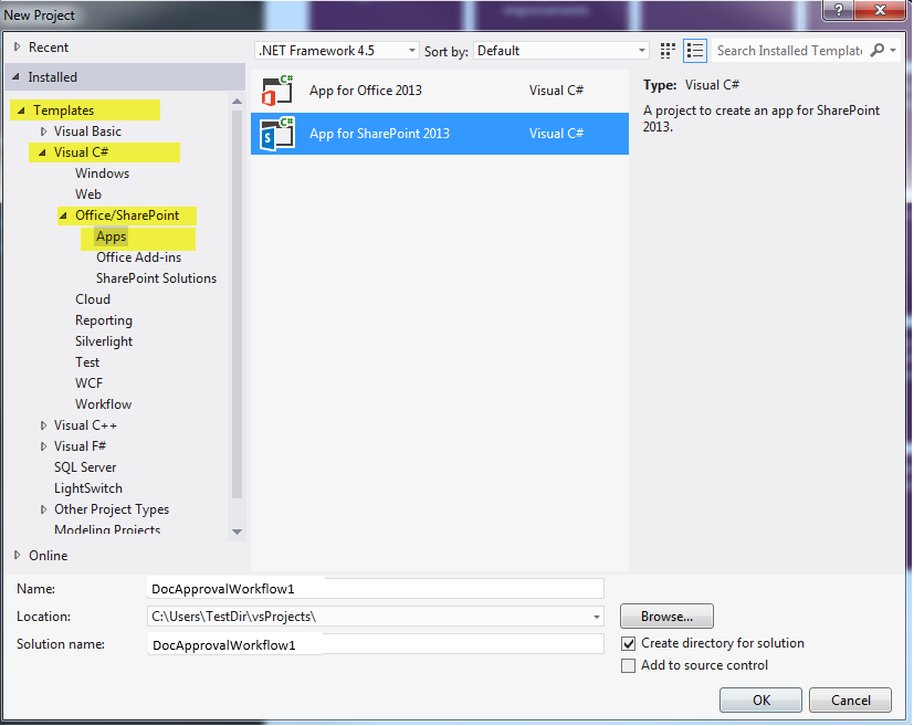 New project dialog in Visual Studio 2012
