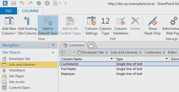 Figure 2. Creating the Customers list in SP