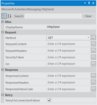 Figure 1. Properties Tool Window for the HttpSend