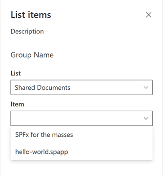 Item dropdown in the web part property pane showing available list items for the selected list