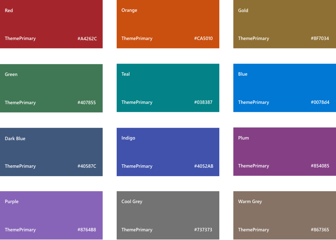SharePoint color palette, Red A4262C, Orange CA5010, Gold 986f0b, Green 498205, Teal 038387, Blue 0078d4, Dark Blue 004e8c, Indigo 4f6bed, Plum 881798, Purple 8764B8, Cool Grey 69797e, Warm Grey 7a7574