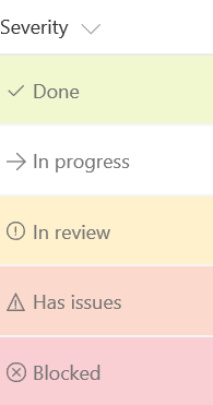 Status field with done colored green, blocked colored red, and in review colored orange