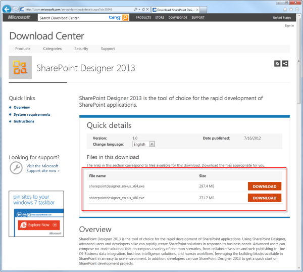 The SharePoint Designer 2013 Download page.