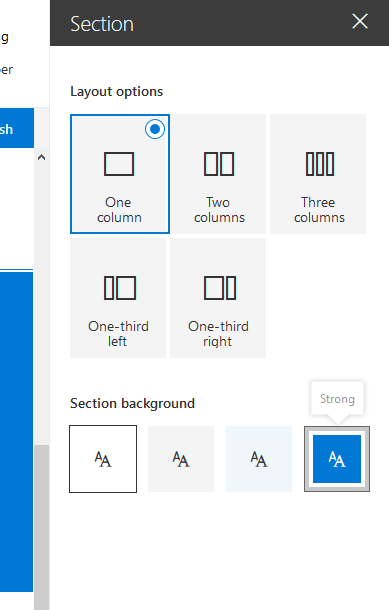 Screenshot of the Layout options pane with the One column option being highlighted.