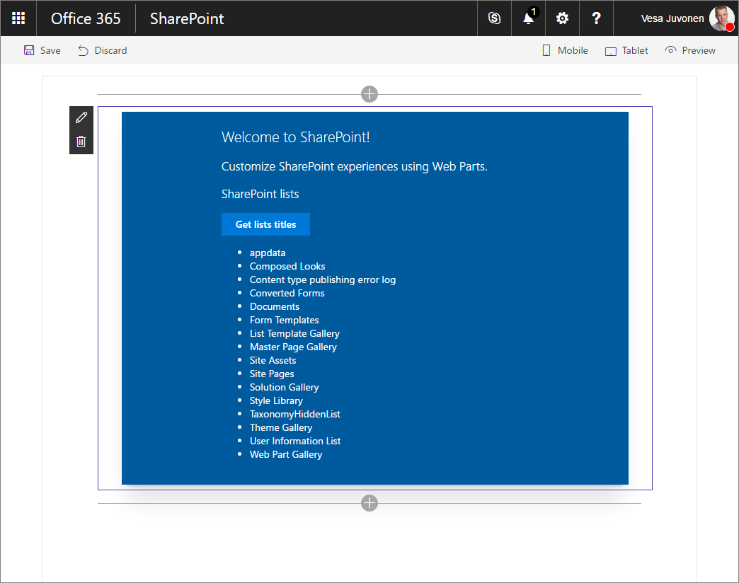 SharePoint Framework client-side web part showing titles of SharePoint lists in the current site