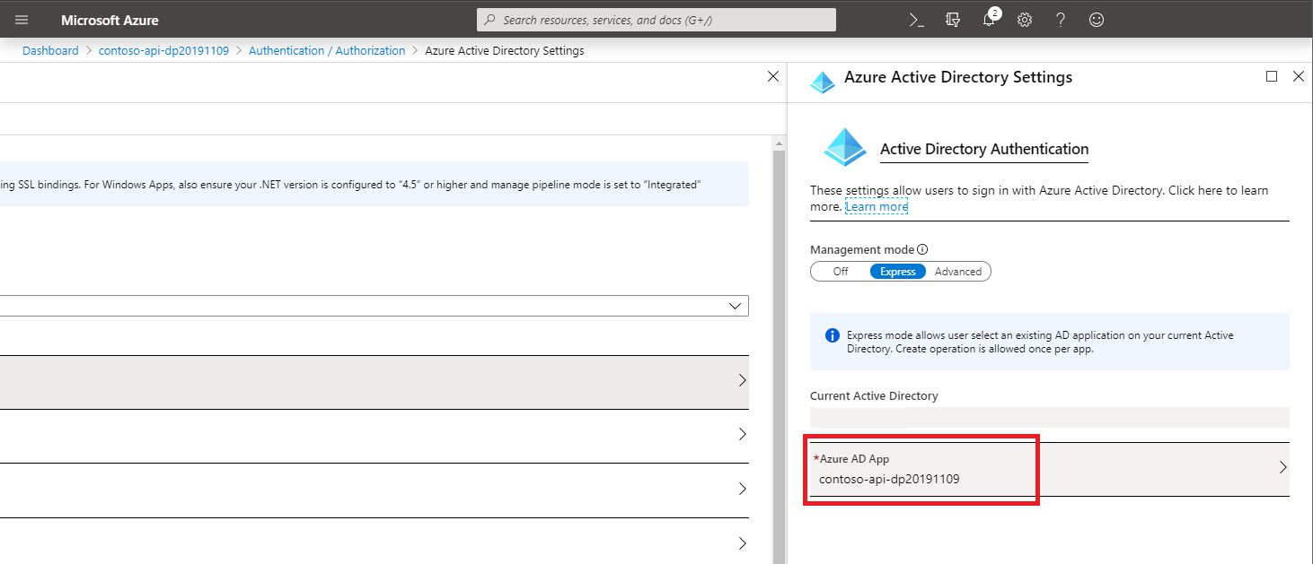 The 'Manage Application' button highlighted on the 'Azure Active Directory Settings' blade
