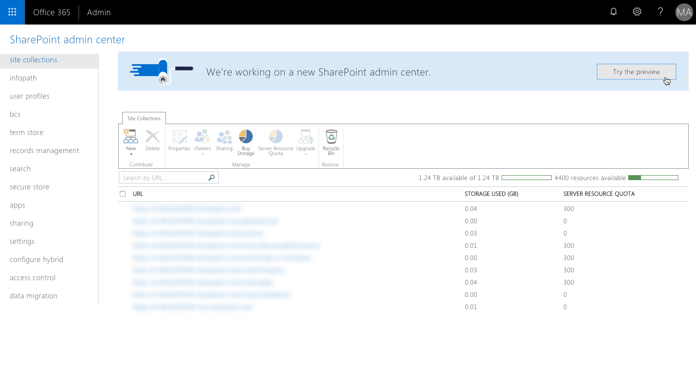 The 'Try the new SharePoint admin center preview' link highlighted in the SharePoint admin center