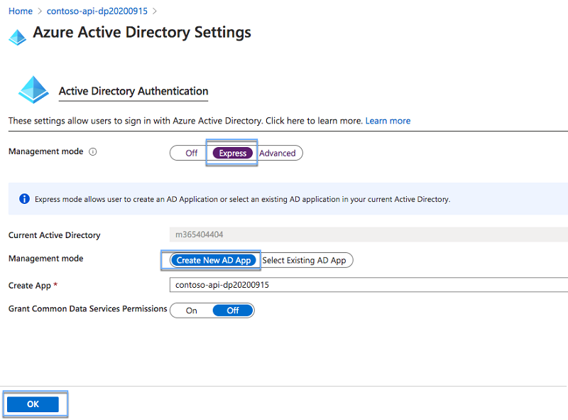 Azure Active Directory Settings blade opened for a Function app in the Azure portal