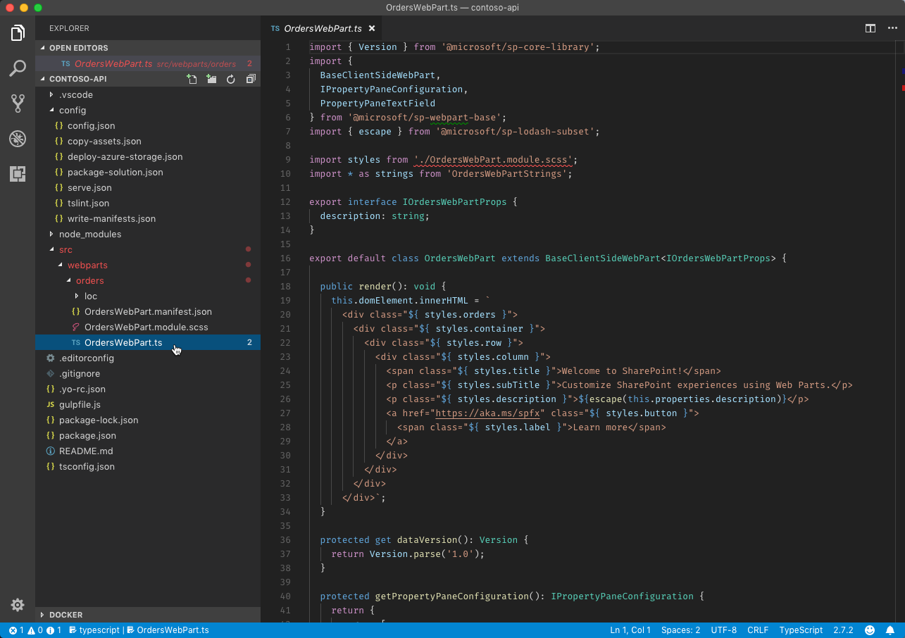 The OrdersWebPart.ts file opened in Visual Studio Code