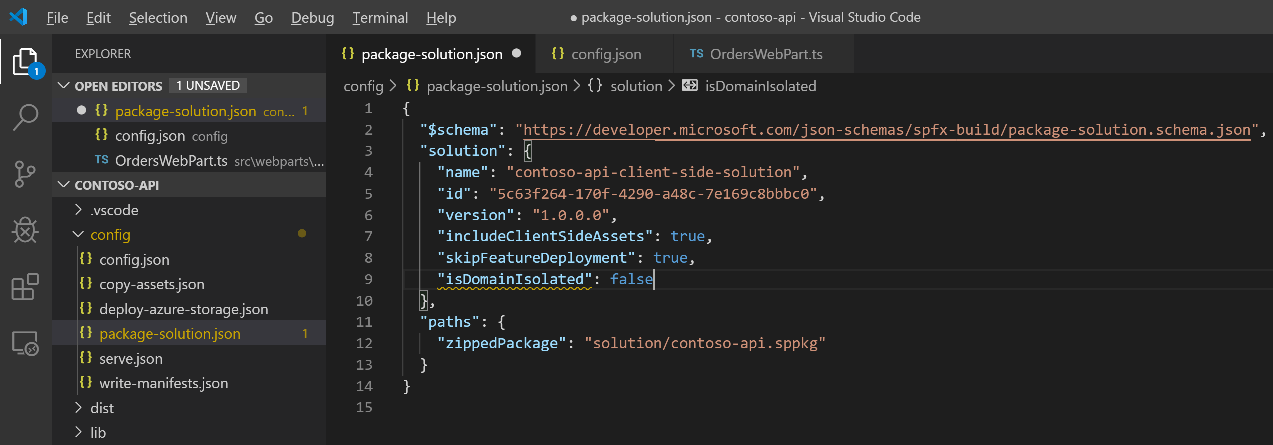 The package solution file opened in Visual Studio Code