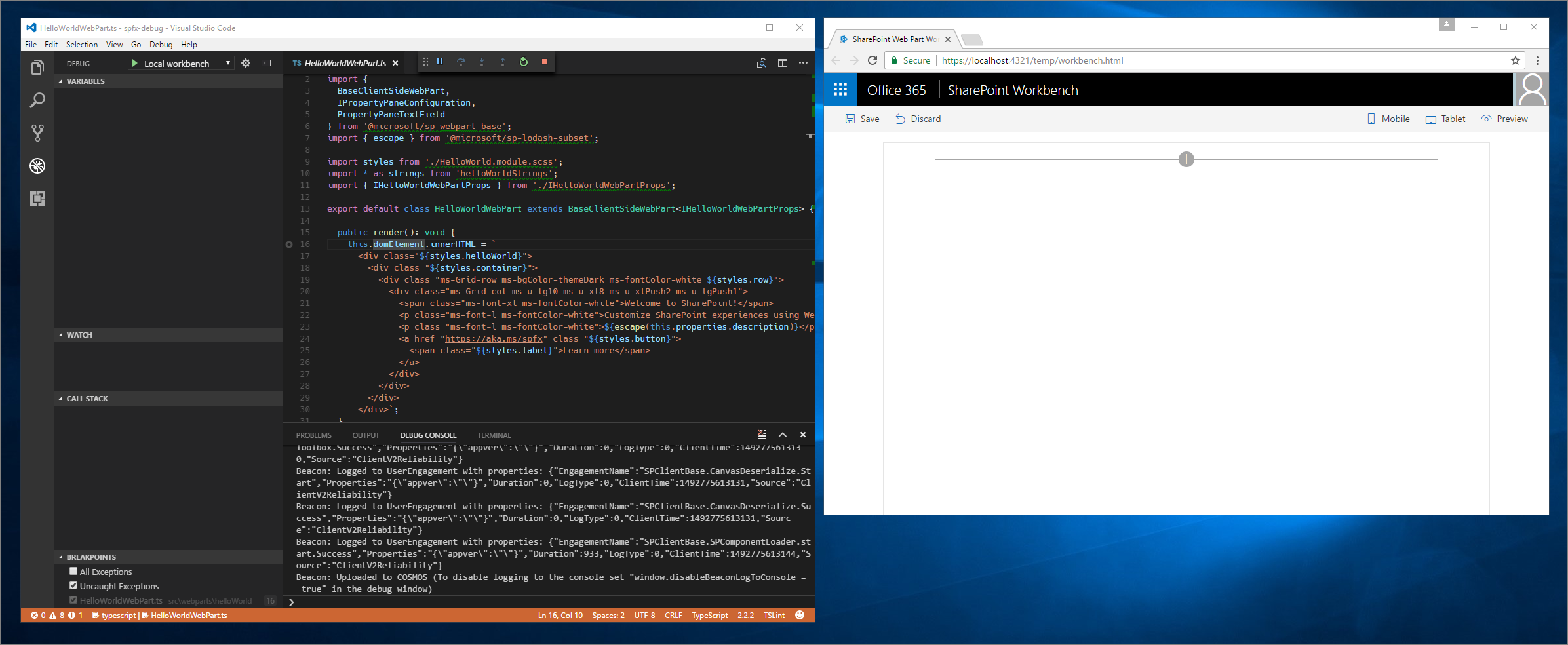 Visual Studio Code in debug mode displayed next to Google Chrome showing the SharePoint workbench