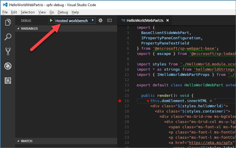 The hosted workbench configuration selected in the debug configurations drop-down in Visual Studio Code