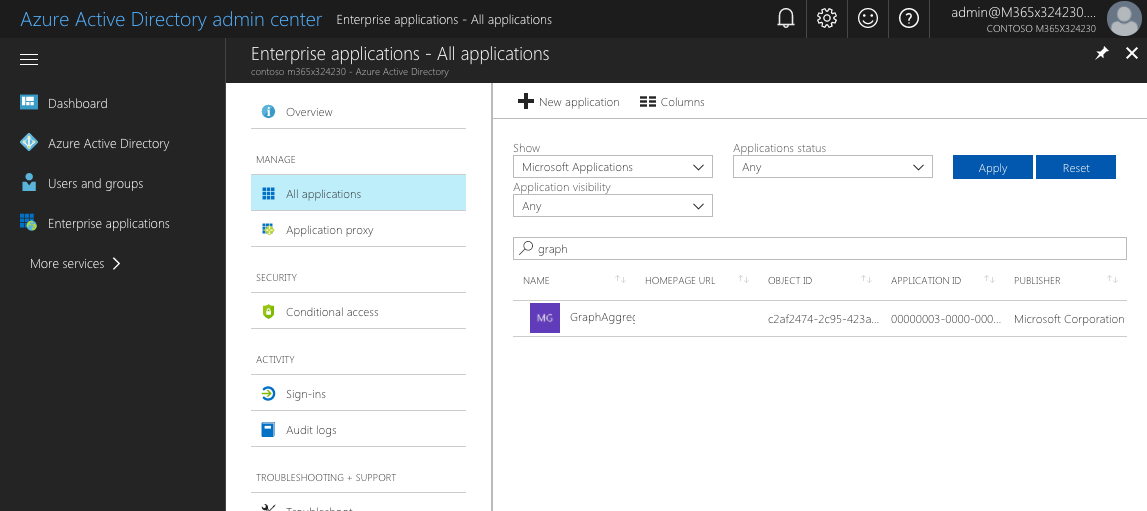 Searching for 'graph' in the list of available Azure AD applications in the Azure AD portal