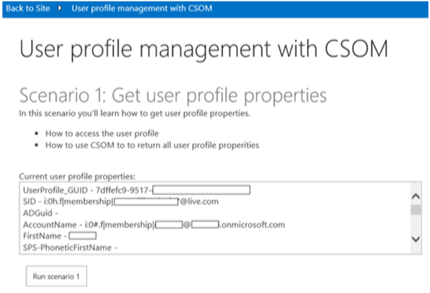 Screenshot of the current user's profile properties data