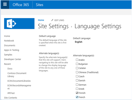 Screenshot of the Language Settings page of Site Settings
