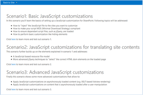 Screenshot showing the Start page of the Core.JavaScriptCustomization app