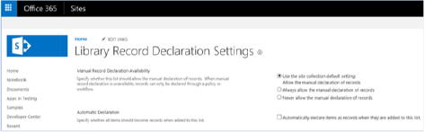 Screenshot of the Library Record Declaration Settings page.