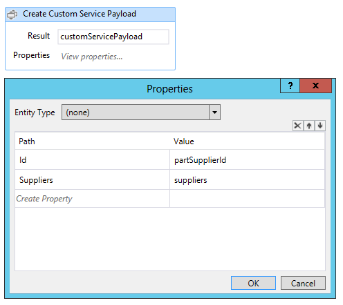 Screenshot that shows property and value grids for a custom web service payload activity