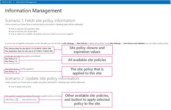 Screenshot of the add-in start page, with site policy closure and expiration values, available and applied site policies, and other policies to apply highlighted.
