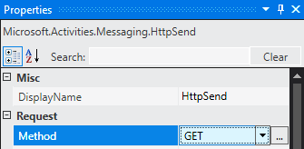 Screenshot that shows the HTTP Send activity grid configured as a GET request