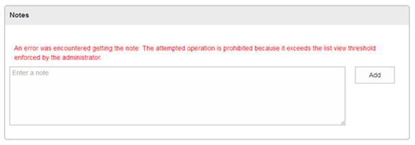 A screenshot that shows an error message that states that the operation exceeded the list view threshold.