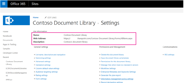 Screenshot of a Document Library Setting page, with Name, Web Address, and Description fields highlighted.