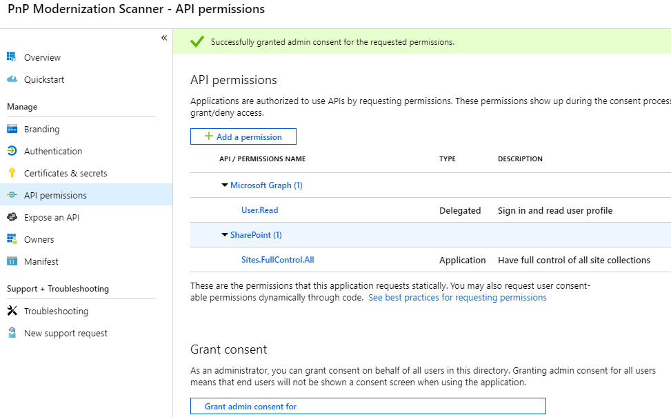 granting API permissions to azure ad application