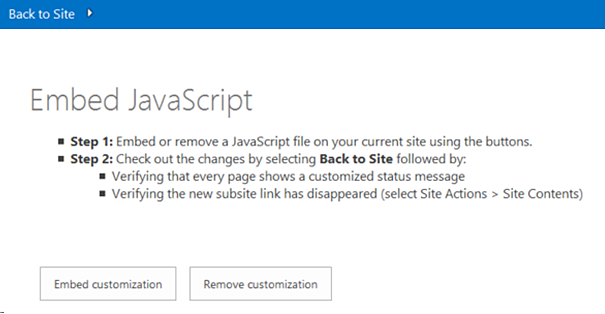 Screenshot of the Start page of the Embed JavaScript sample