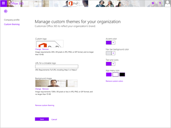 Displays the Microsoft 365 site, showing the custom theming tab page, entitled Manage custom themes for your organization, Customize Office 365 to reflect your oganization's brand. Settings are available for Custom logo, URL for a clickable logo, Background image, Accent color, Navigation bar background color, Text and icons color, and App menu icon color.