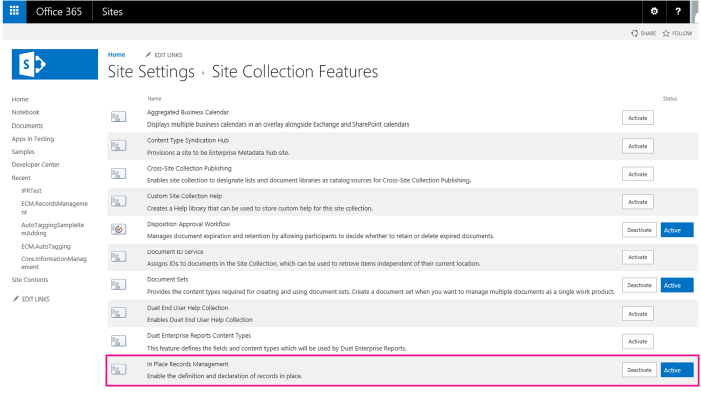 Screenshot of the Site Collections Features page with the activated In-Place Record Management feature highlighted.