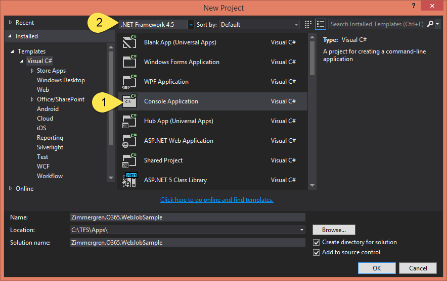 The New Project dialog box, set to create a console application using the .NET Framework 4.5