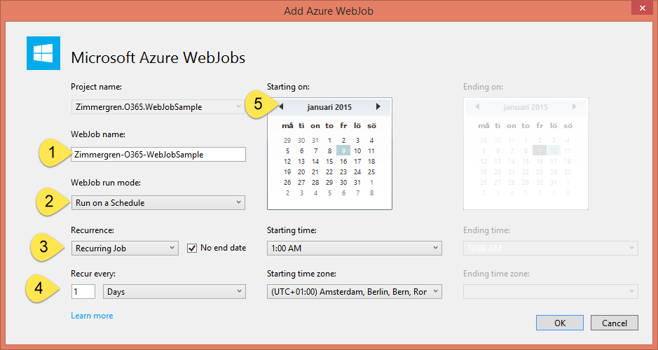 The Add Azure WebJob dialog is displayed. The WebJob name field contains the text Zimmergren-O365-WebJobSample, the WebJob run mode field contains the option Run on a Schedule, the Recurrence field contains the option Recurring job and the check box No end date is checked, the Recur every field is set to 1 days, and the Starting on date is 9 Januari 2015.