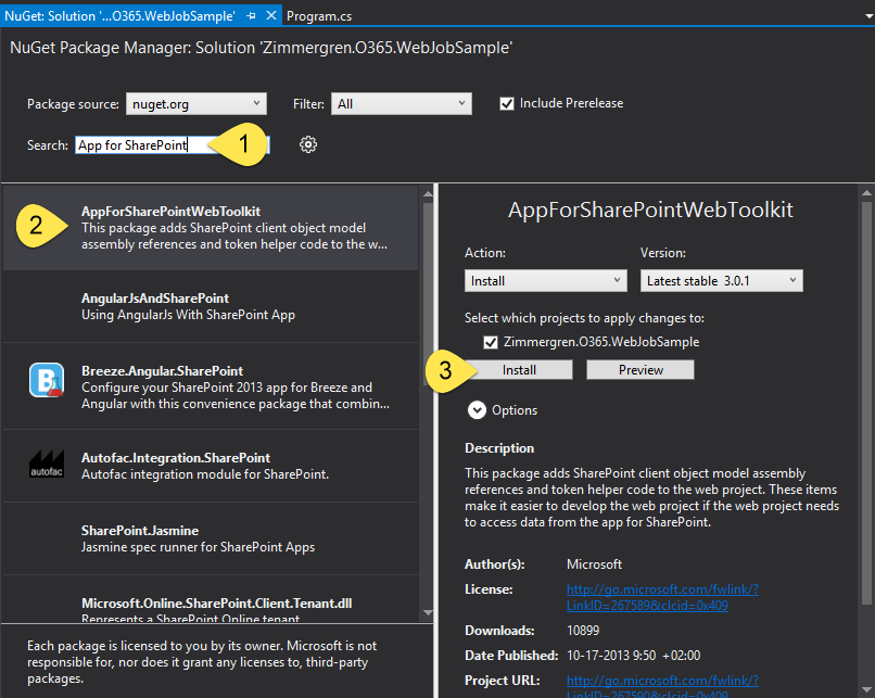 The NuGet Package Manager dialog showing the search term, App for SharePoint. App For SharePoint Web Toolkit is highlighted and the Install button is ready to be clicked.