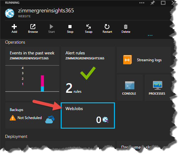 The author's Azure portal is displayed, with an arrow pointing to WebJobs.