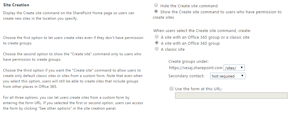 Site Creation options from the SharePoint Online admin UI