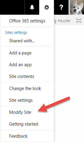 The Office 365 settings menu is displayed with the menu option, Modify Site, highlighted.