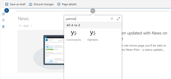 Default Yammer web parts included in SharePoint